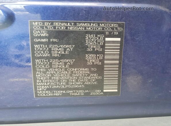 KNMAT2MV3LP529645 2020 NISSAN ROGUE Blue Engine compartment view
