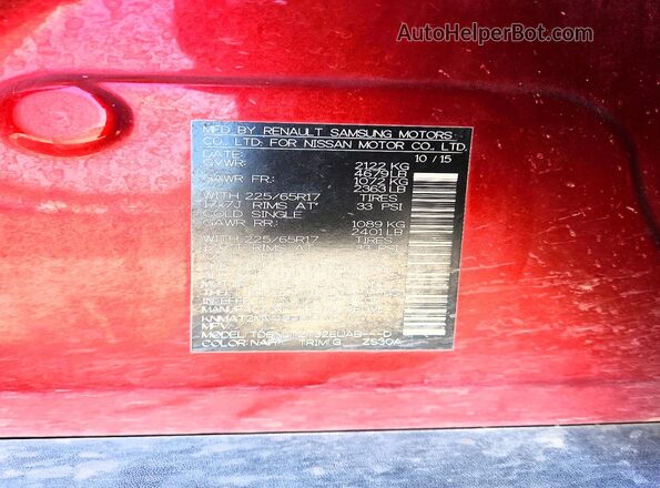 KNMAT2MV4GP613012 2016 NISSAN ROGUE Красный Вид наклейки с VIN-кодом