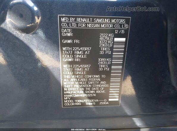 KNMAT2MV4GP632174 2016 NISSAN ROGUE Blue Вид підкапотного простору