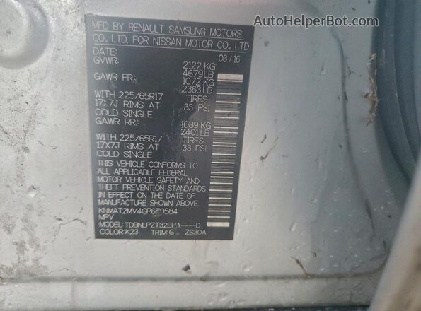 KNMAT2MV4GP670584 2016 NISSAN ROGUE Silver Панорамний вид салону 360°