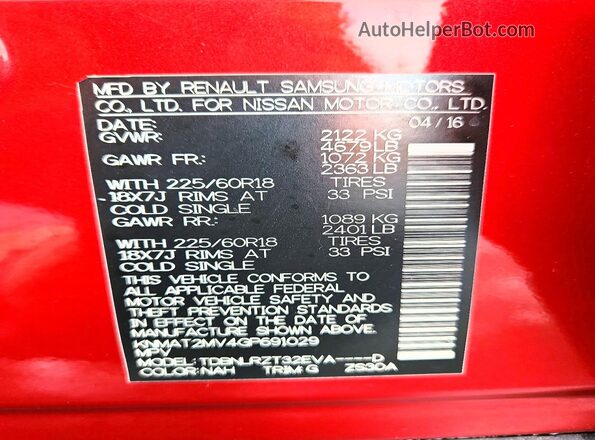 KNMAT2MV4GP691029 2016 NISSAN ROGUE Red Vista de la etiqueta del VIN