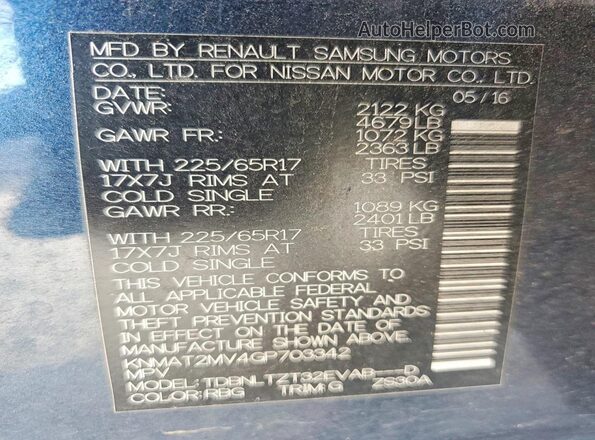 KNMAT2MV4GP703342 2016 NISSAN ROGUE Blue Widok naklejki z numerem VIN