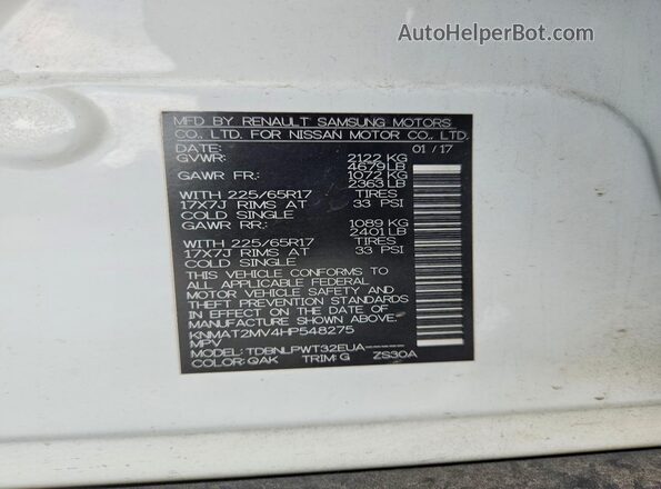 KNMAT2MV4HP548275 2017 NISSAN ROGUE White VIN კოდის სტიკერის ხედი