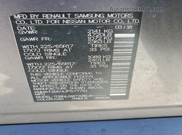 KNMAT2MV4JP577751 2018 NISSAN ROGUE Gray VIN კოდის სტიკერის ხედი