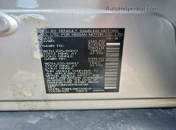 KNMAT2MV4KP503098 2019 NISSAN ROGUE Gray VIN კოდის სტიკერის ხედი