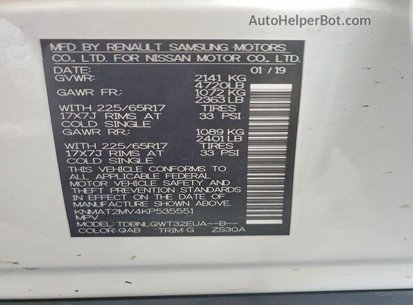 KNMAT2MV4KP535551 2019 NISSAN ROGUE Белый Вид наклейки с VIN-кодом