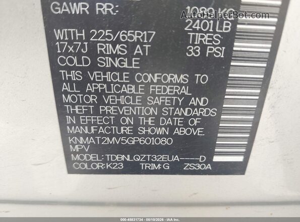 KNMAT2MV5GP601080 2016 NISSAN ROGUE Silver Vista del compartimento del motor