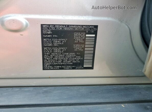 KNMAT2MV5GP627596 2016 NISSAN ROGUE Silver VIN კოდის სტიკერის ხედი