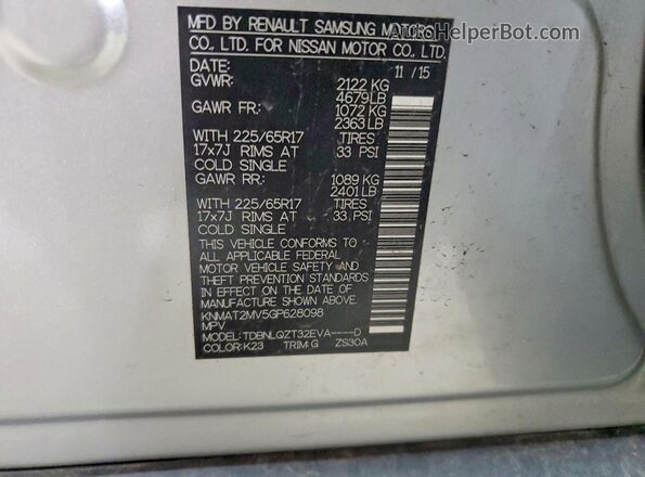 KNMAT2MV5GP628098 2016 NISSAN ROGUE Silver Widok naklejki z numerem VIN