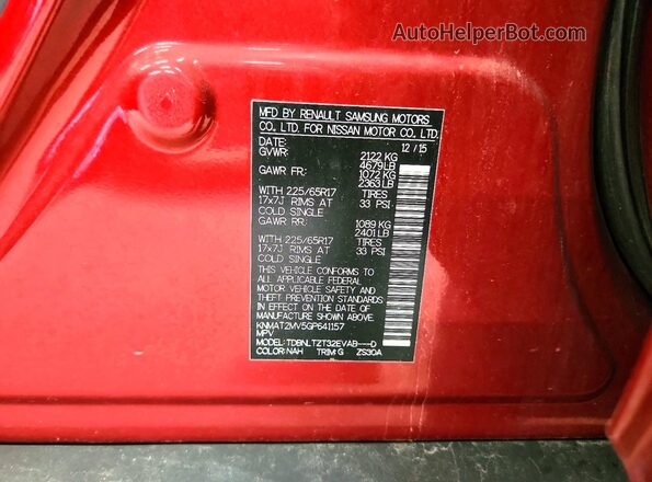 KNMAT2MV5GP641157 2016 NISSAN ROGUE Красный Вид наклейки с VIN-кодом