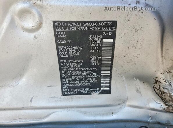 KNMAT2MV5GP705973 2016 NISSAN ROGUE Silver VIN კოდის სტიკერის ხედი
