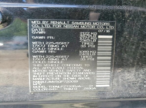 KNMAT2MV5GP720019 2016 NISSAN ROGUE Black VIN კოდის სტიკერის ხედი