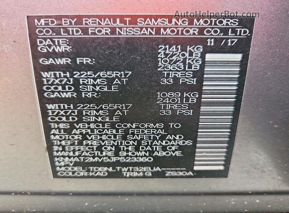 KNMAT2MV5JP523360 2018 NISSAN ROGUE Gray Widok komory silnika