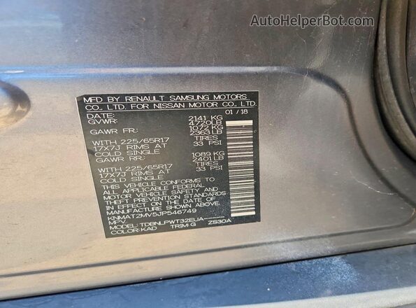 KNMAT2MV5JP546749 2018 NISSAN ROGUE Silver VIN sticker view
