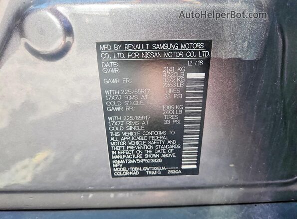 KNMAT2MV5KP523828 2019 NISSAN ROGUE Gray Widok naklejki z numerem VIN