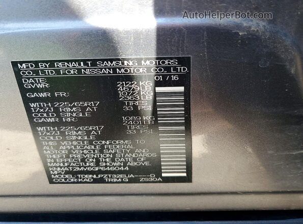 KNMAT2MV6GP646044 2016 NISSAN ROGUE Gray Вид наклейки з VIN-кодом