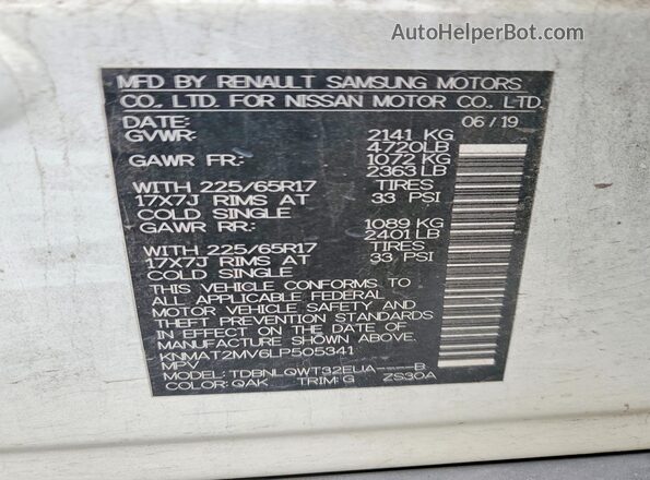 KNMAT2MV6LP505341 2020 NISSAN ROGUE Белый Вид наклейки с VIN-кодом
