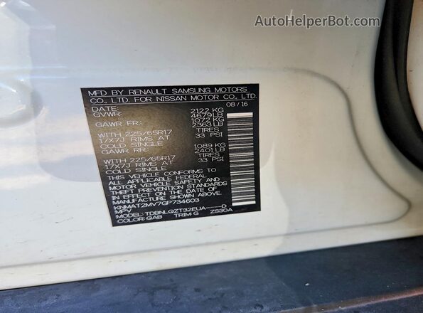 KNMAT2MV7GP734603 2016 NISSAN ROGUE White Vista de la etiqueta del VIN