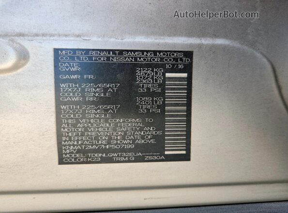 KNMAT2MV7HP507199 2017 NISSAN ROGUE Серебряный Вид наклейки с VIN-кодом