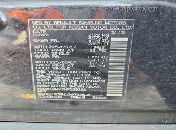 KNMAT2MV7HP539232 2017 NISSAN ROGUE Black Widok naklejki z numerem VIN