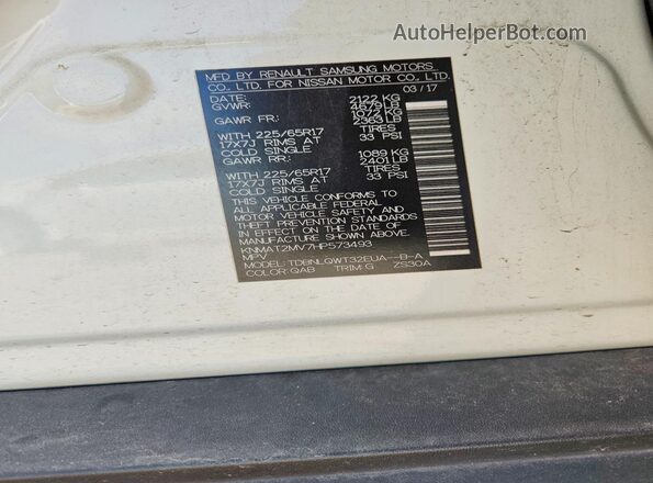 KNMAT2MV7HP573493 2017 NISSAN ROGUE White VIN sticker view