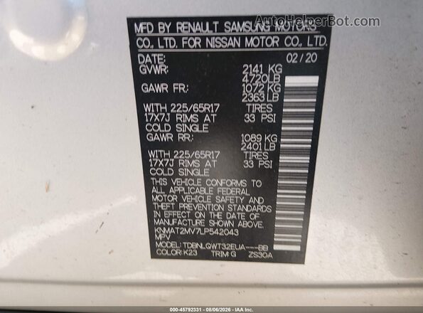 KNMAT2MV7LP542043 2020 NISSAN ROGUE Silver Շարժիչի բաժամունքի տեսք