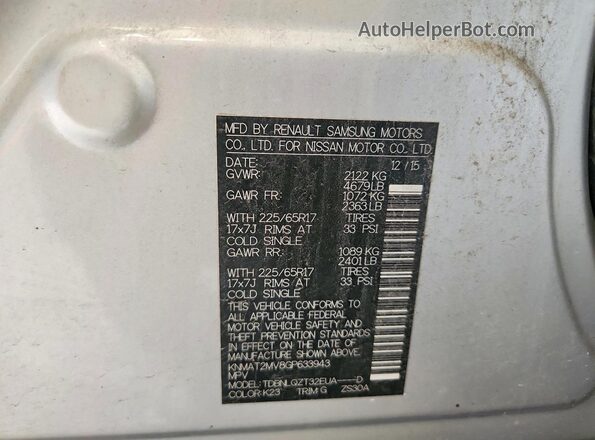 KNMAT2MV8GP633943 2016 NISSAN ROGUE Silver Vista de la etiqueta del VIN