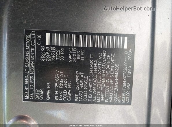 KNMAT2MV8GP648295 2016 NISSAN ROGUE Gray Widok komory silnika