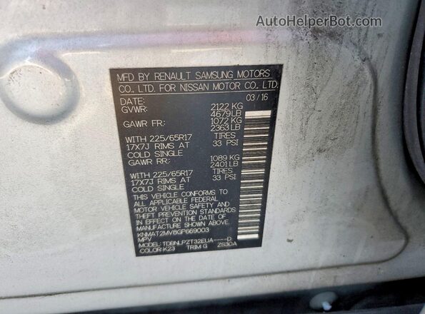 KNMAT2MV8GP669003 2016 NISSAN ROGUE Silver VIN კოდის სტიკერის ხედი