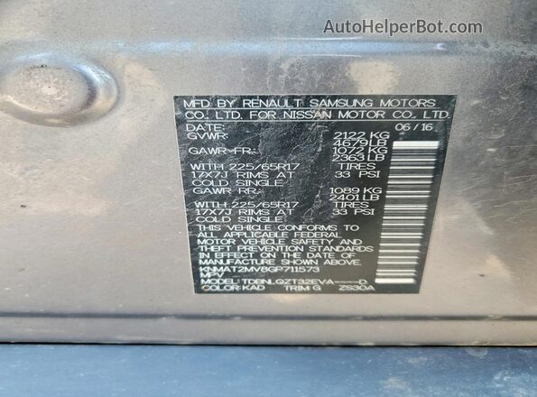 KNMAT2MV8GP711573 2016 NISSAN ROGUE Silver VIN კოდის სტიკერის ხედი