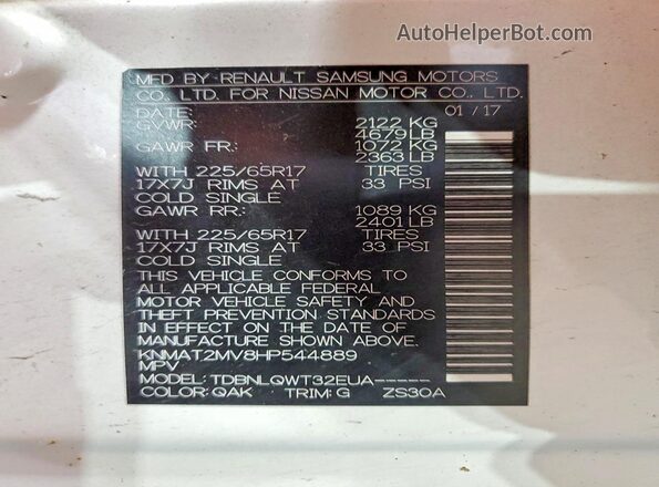 KNMAT2MV8HP544889 2017 NISSAN ROGUE White Widok naklejki z numerem VIN