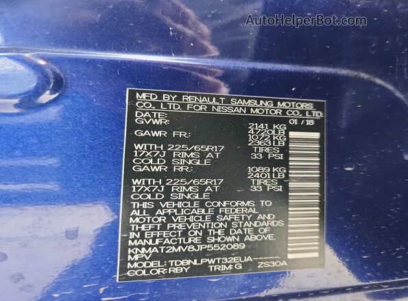 KNMAT2MV8JP552089 2018 NISSAN ROGUE Синий Вид наклейки с VIN-кодом