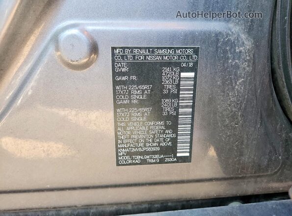 KNMAT2MV8JP583939 2018 NISSAN ROGUE Gray VIN კოდის სტიკერის ხედი