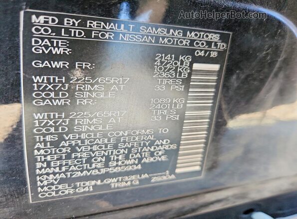 KNMAT2MV8JP585934 2018 NISSAN ROGUE Charcoal Vista de la etiqueta del VIN
