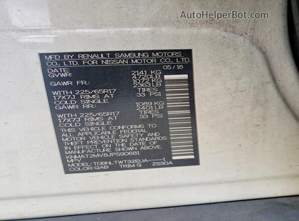 KNMAT2MV8JP590681 2018 NISSAN ROGUE White Widok naklejki z numerem VIN