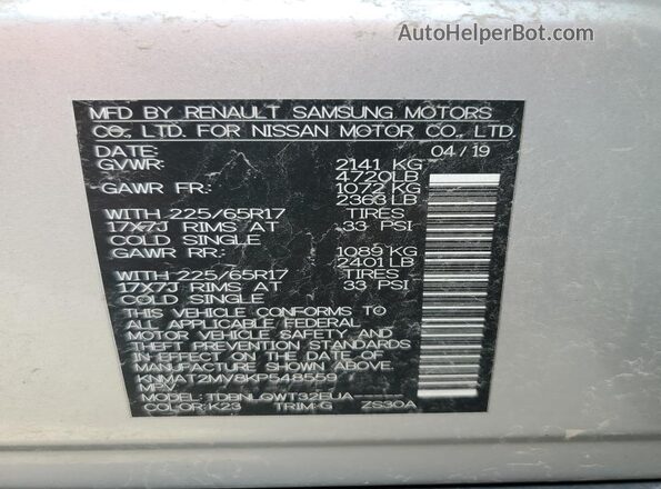 KNMAT2MV8KP548559 2019 NISSAN ROGUE Silver Widok naklejki z numerem VIN