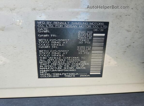KNMAT2MV8KP560680 2019 NISSAN ROGUE White Շարժիչի բաժամունքի տեսք