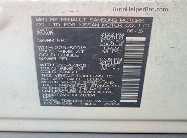 KNMAT2MV9GP712134 2016 NISSAN ROGUE White VIN sticker view