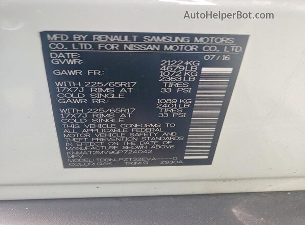 KNMAT2MV9GP724042 2016 NISSAN ROGUE White Widok naklejki z numerem VIN