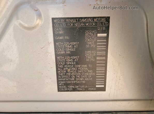 KNMAT2MV9HP540799 2017 NISSAN ROGUE Серебряный Вид наклейки с VIN-кодом