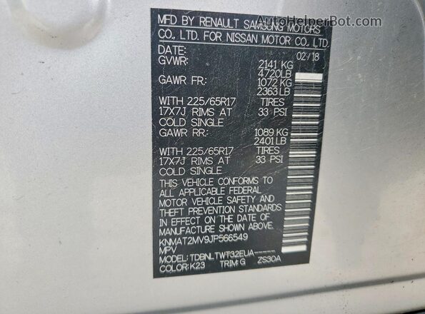 KNMAT2MV9JP566549 2018 NISSAN ROGUE Silver Vista del compartimento del motor