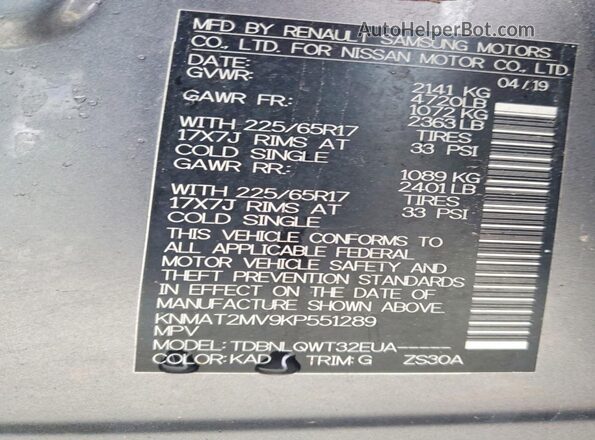 KNMAT2MV9KP551289 2019 NISSAN ROGUE Gray VIN կոդի պիտակի տեսք
