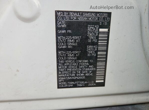 KNMAT2MVXGP626105 2016 NISSAN ROGUE White VIN კოდის სტიკერის ხედი