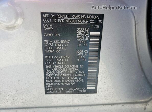 KNMAT2MVXGP626797 2016 NISSAN ROGUE Silver Widok naklejki z numerem VIN