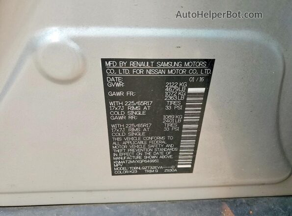 KNMAT2MVXGP649951 2016 NISSAN ROGUE Серебряный Вид наклейки с VIN-кодом
