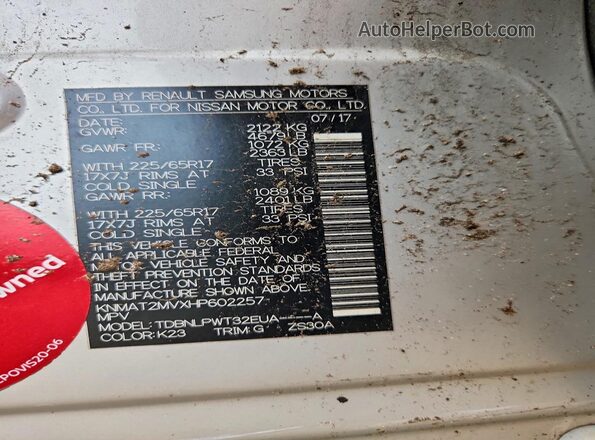KNMAT2MVXHP602257 2017 NISSAN ROGUE Silver VIN კოდის სტიკერის ხედი