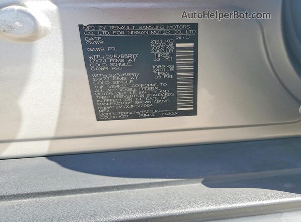 KNMAT2MVXJP512984 2018 NISSAN ROGUE Серебряный Вид наклейки с VIN-кодом