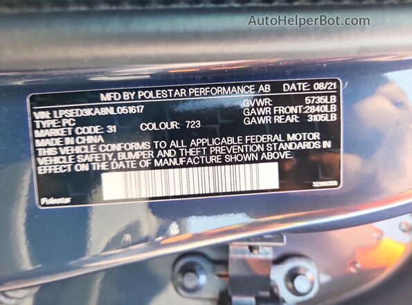 LPSED3KA8NL051617 2022 POLESTAR 2 Blue Vista de la etiqueta del VIN