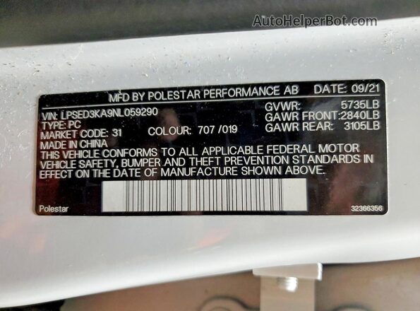 LPSED3KA9NL059290 2022 POLESTAR 2 White Vista de la etiqueta del VIN