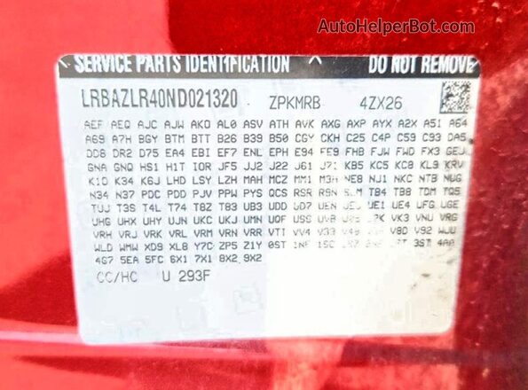 LRBAZLR40ND021320 2022 BUICK ENVISION Red Vista de la etiqueta del VIN